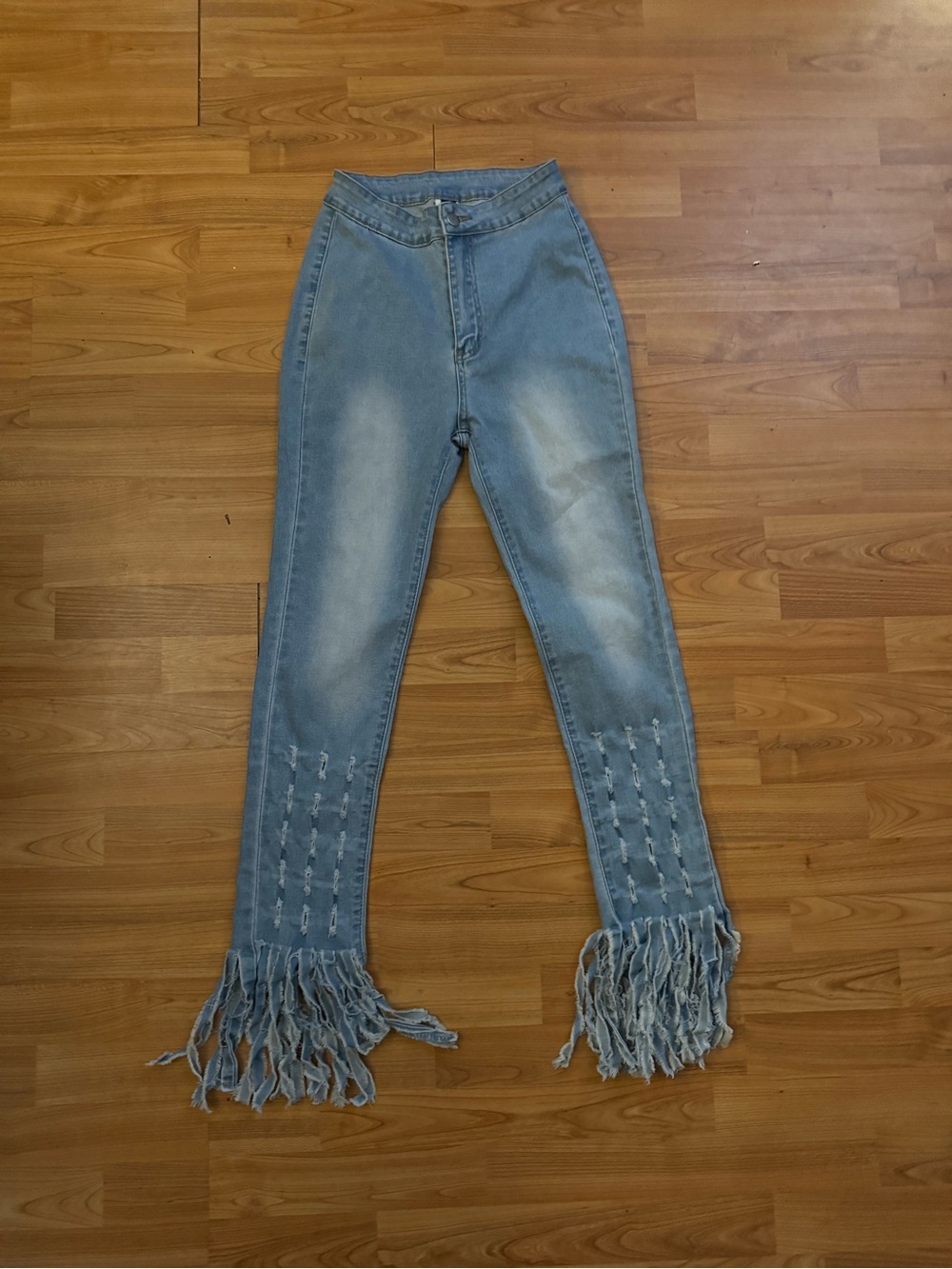 SHEIN Light Blue High-Rise Fringe Hem Wide Leg Jeans